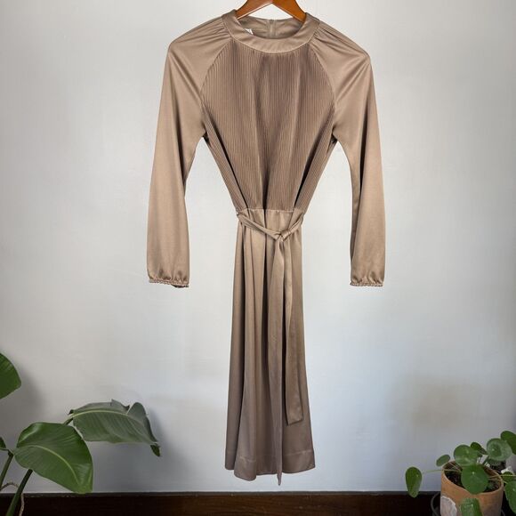Vintage 70s Taupe Champagne Pleated Belted Midi Dress - Picture 1 of 9